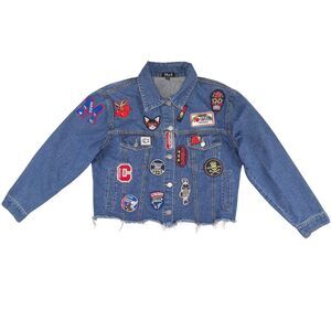 36.5 Large Jean Jacket Fun Embroidered Patches Distressed Hem Retro Indie Style